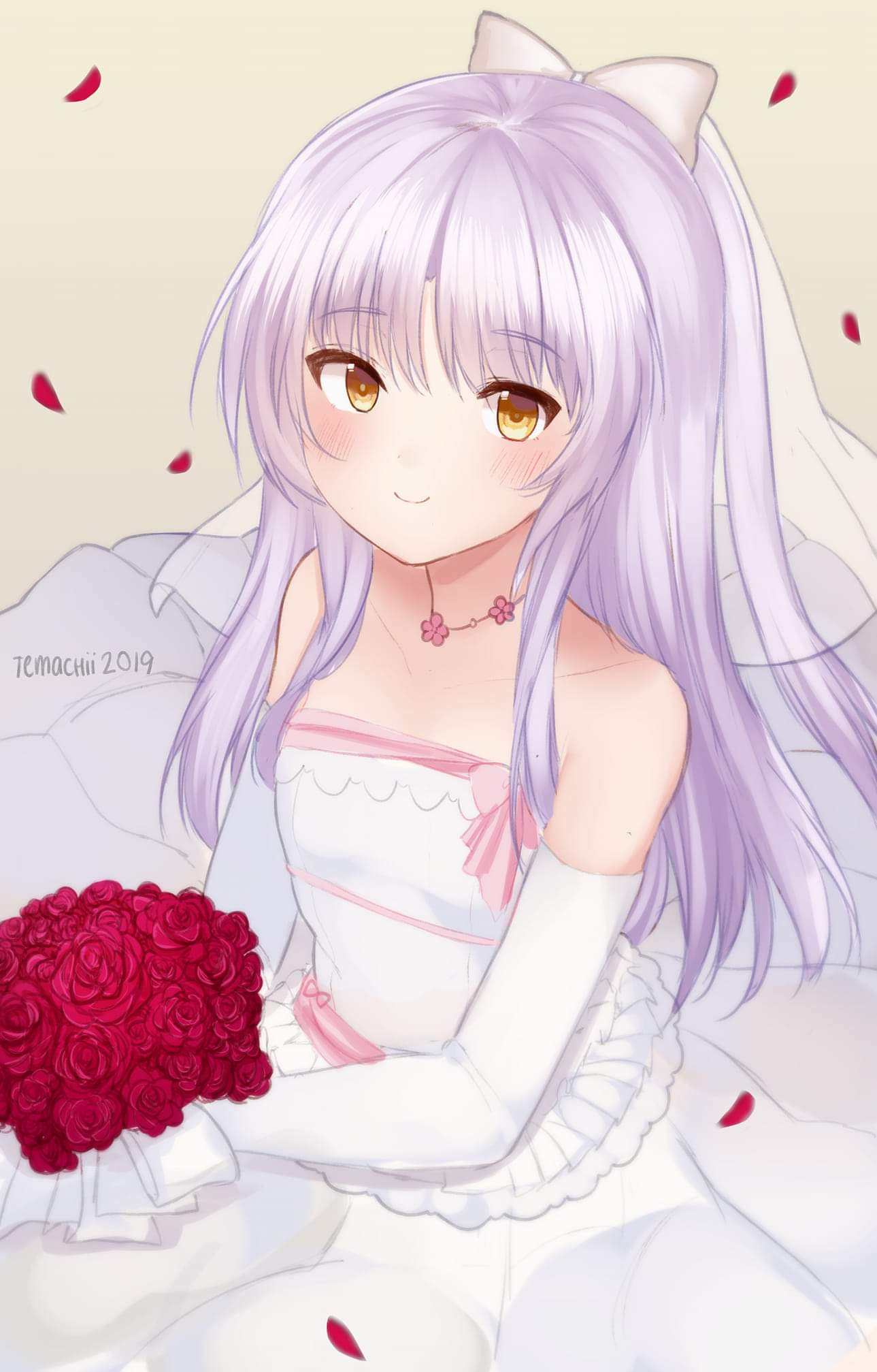 1girl angel_beats! bouquet bow bridal_gauntlets bridal_veil closed_mouth commentary dated dress elbow_gloves english_commentary eyebrows_visible_through_hair flower flower_necklace gloves hair_bow highres holding holding_bouquet jewelry long_hair looking_at_viewer necklace orange_eyes petals purple_hair red_flower red_rose rose signature smile solo temachii tachibana_kanade veil wedding_dress white_dress white_gloves yellow_background