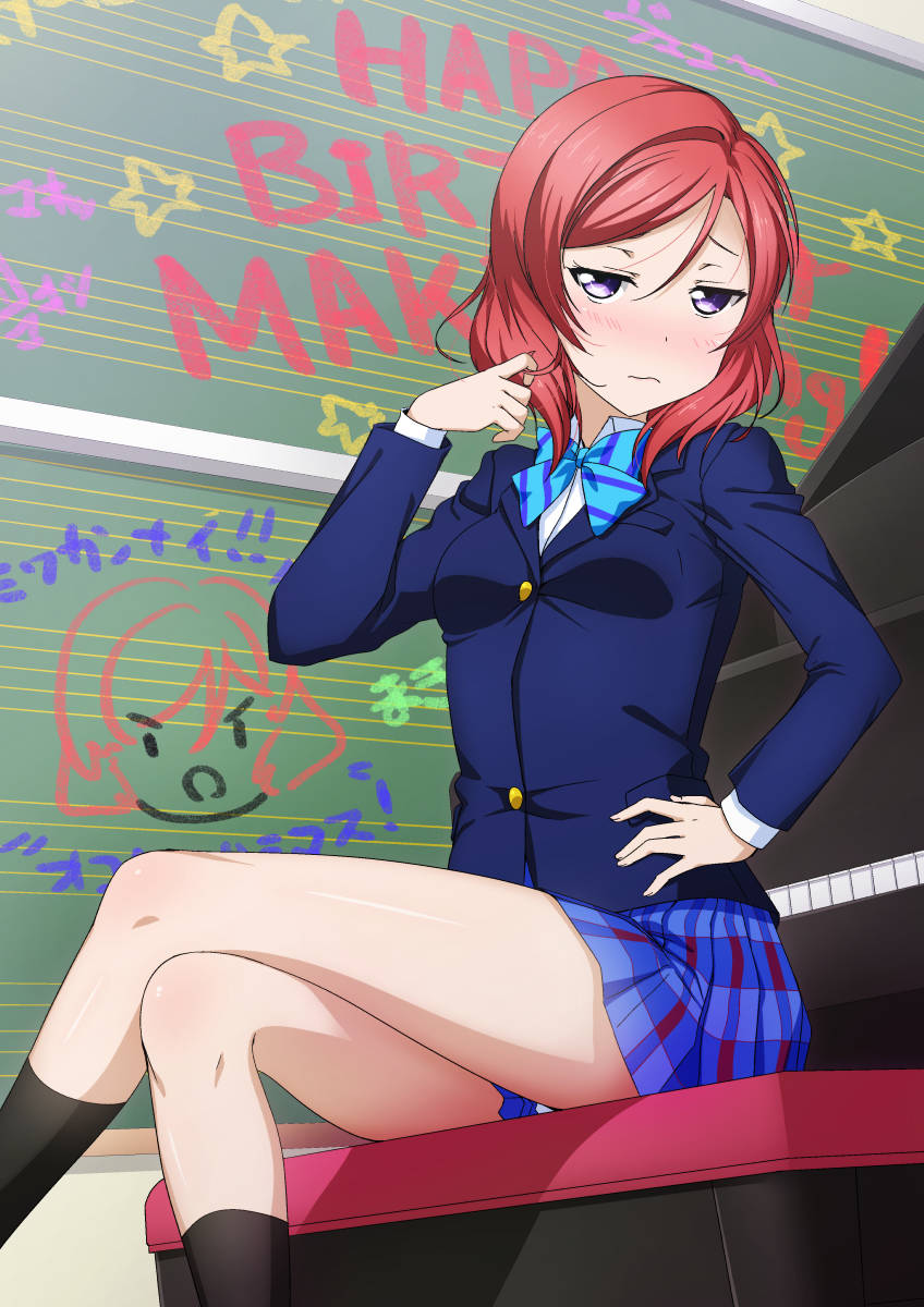 1girl black_legwear blue_jacket blue_neckwear blue_skirt blush bow bowtie breasts character_name closed_mouth collared_shirt crossed_legs dress_shirt hair_twirling half-closed_eyes happy_birthday highres instrument jacket kneehighs long_hair long_sleeves love_live! love_live!_school_idol_project miniskirt nishikino_maki official_style otonokizaka_school_uniform piano pleated_skirt redhead school_uniform shiny shiny_hair shirt sitting skirt small_breasts solo striped striped_bow striped_neckwear violet_eyes white_shirt wing_collar yu-ta