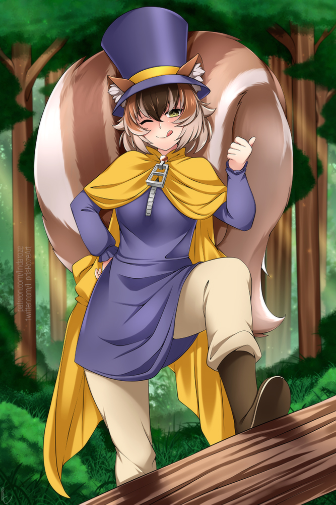 1girl ;) a_hat_in_time animal_ear_fluff animal_ears beige_pants boots breasts brown_hair cape closed_mouth commission cosplay ears_through_headwear eyebrows_visible_through_hair forest hair_between_eyes hand_on_hip hat hat_kid hat_kid_(cosplay) lindaroze long_sleeves looking_at_viewer monster_girl_encyclopedia nature one_eye_closed original pants purple_headwear ratatoskr_(monster_girl_encyclopedia) short_hair smile solo squirrel_ears squirrel_girl squirrel_tail tail thumbs_up tongue tongue_out top_hat tree yellow_cape zipper_pull_tab