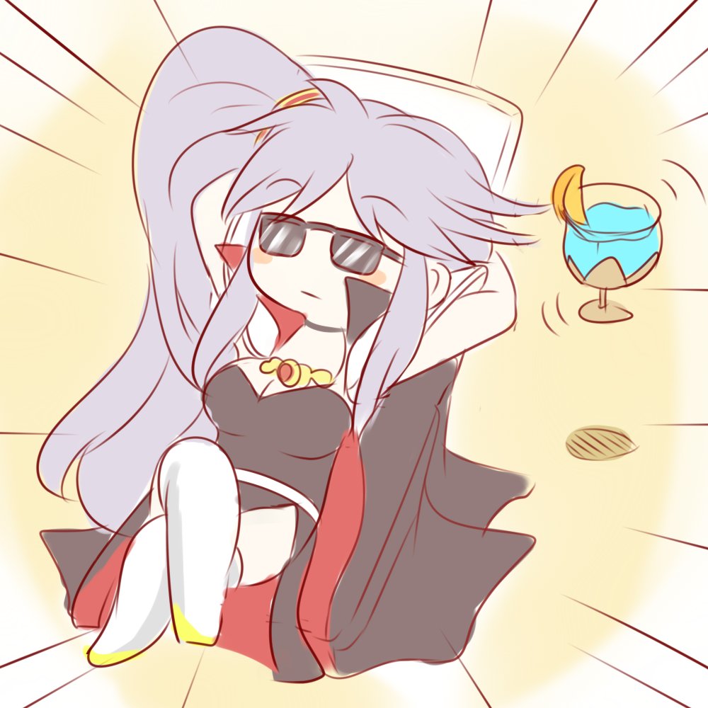 1girl beach blush cape chair chibi collar cup drink fire_emblem fire_emblem:_genealogy_of_the_holy_war fire_emblem_heroes goblet ishtar_(fire_emblem) jewelry purple_hair sunglasses yaseisbtn