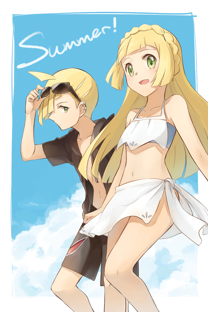 1boy 1girl arm_up bangs black_shorts blonde_hair braid brother_and_sister clouds collarbone commentary_request ear_piercing eyewear_on_head french_braid gladio_(pokemon) green_eyes hand_on_eyewear highres knees light_blush lillie_(pokemon) long_hair navel ochi_(lokun) open_clothes open_mouth piercing pokemon pokemon_(game) pokemon_sm sarong shorts siblings sky summer sunglasses