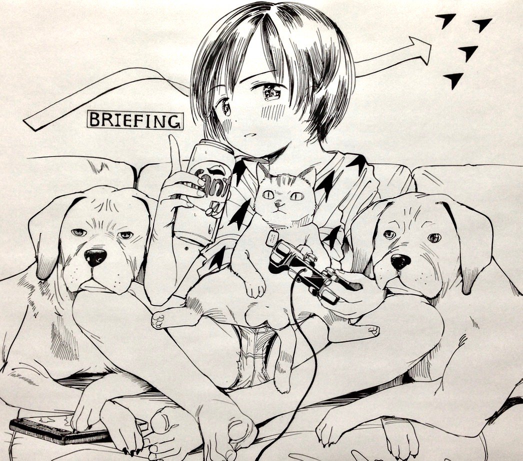 1girl arrow_(symbol) barefoot blush can cat dog dog_tags english_text greyscale holding holding_can holding_game_controller index_finger_raised indian_style looking_at_viewer masuda_(yousaytwosin) monochrome original parted_lips shirt short_hair shorts sitting solo toenails