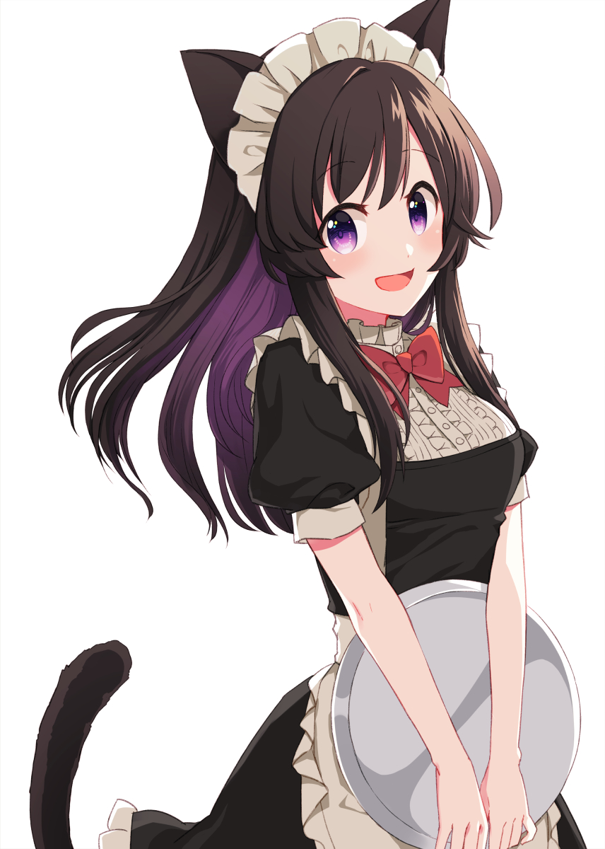 1girl animal_ears apron bangs black_hair bow bowtie cat_ears cat_tail coconat_summer commentary_request cowboy_shot dress eyebrows_visible_through_hair frilled_apron frilled_dress frills highres holding holding_tray looking_at_viewer maid maid_apron maid_headdress original puffy_short_sleeves puffy_sleeves purple_hair red_bow red_neckwear short_sleeves simple_background smile solo tail tray violet_eyes waist_apron white_background