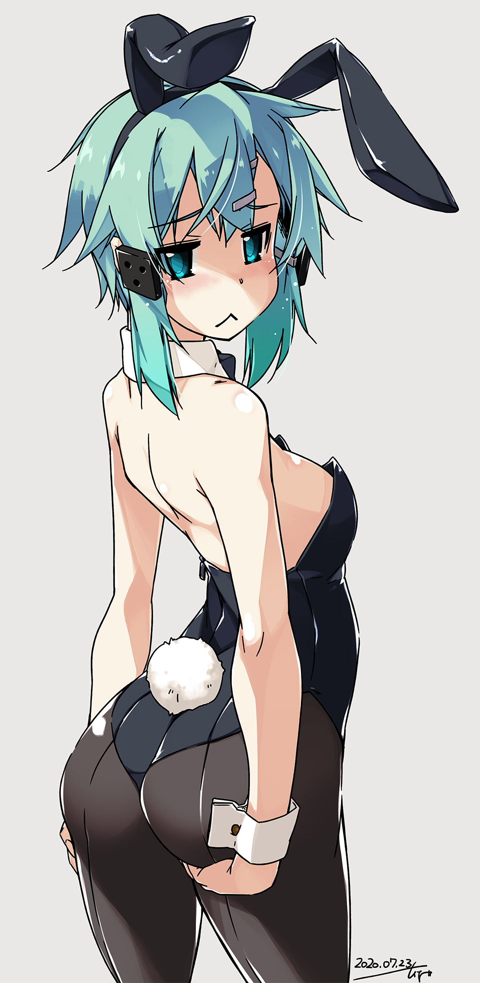 1girl :&lt; animal_ears aqua_eyes aqua_hair ass bare_shoulders black_legwear black_leotard breasts bunny_girl bunny_tail bunnysuit commentary_request dated detached_collar fake_animal_ears fake_tail from_behind grey_background hair_ornament hairclip hand_on_own_ass highres leotard looking_at_viewer looking_back medium_breasts pantyhose rabbit_ears shikei shiny shiny_hair short_hair signature simple_background sinon solo standing strapless strapless_leotard sword_art_online tail wrist_cuffs