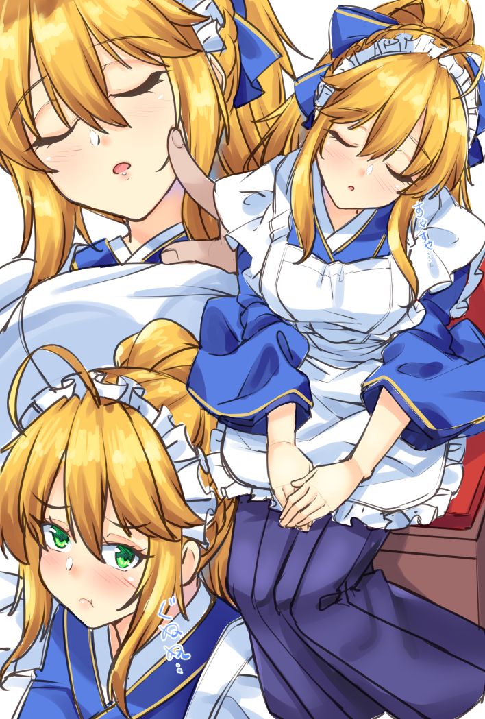 ... 1girl ahoge artoria_pendragon_(all) artoria_pendragon_(lancer) blonde_hair blush closed_eyes commentary_request eyebrows_visible_through_hair fate/grand_order fate_(series) green_eyes hair_between_eyes long_hair looking_at_viewer maid maid_headdress multiple_views open_mouth ponytail pout shirokuma_a simple_background sitting sleeping translation_request white_background