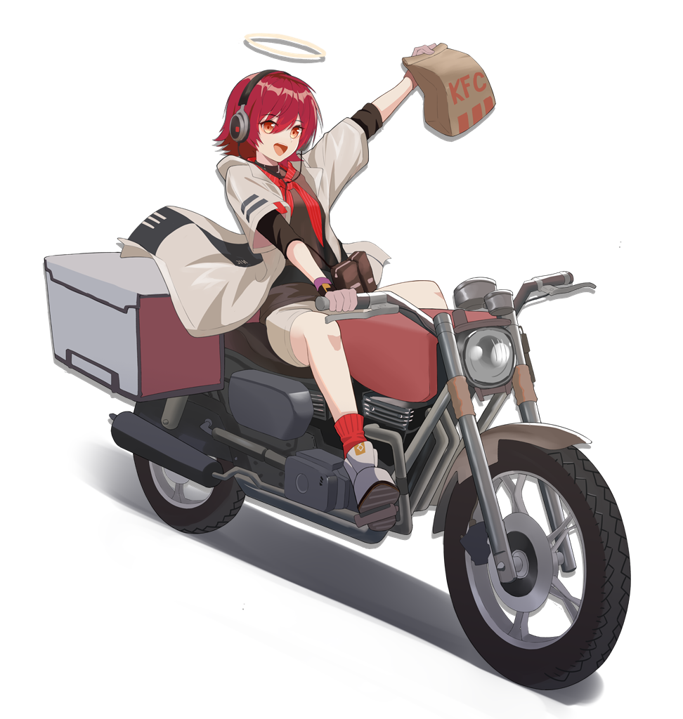 1girl :d arknights arm_up bag bangs black_shirt boots brown_eyes chinese_commentary commentary_request exusiai_(arknights) eyebrows_visible_through_hair grey_footwear grey_jacket grey_shorts ground_vehicle hair_between_eyes halo headphones heijiaobingjiling holding holding_bag jacket kfc long_sleeves looking_at_viewer motor_vehicle motorcycle neckerchief open_mouth paper_bag pouch red_legwear red_neckwear redhead riding shadow shirt short_hair shorts simple_background smile socks solo white_background