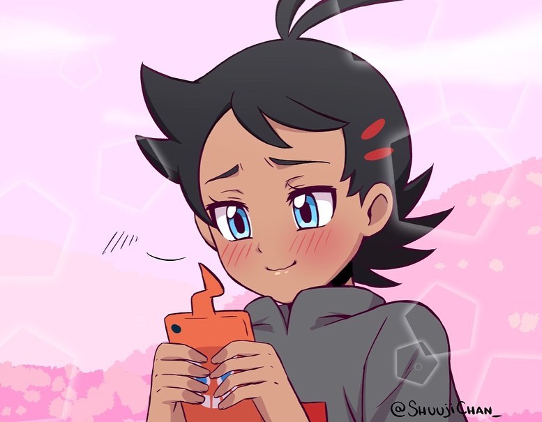 1boy antenna_hair black_hair black_shirt blue_eyes blush closed_mouth dark_skin dark_skinned_male gou_(pokemon) happy holding holding_phone looking_at_phone phone pink_background pokemon pokemon_(anime) pokemon_swsh_(anime) print_shirt sara_bonetti shirt solo spiky_hair trembling_lips