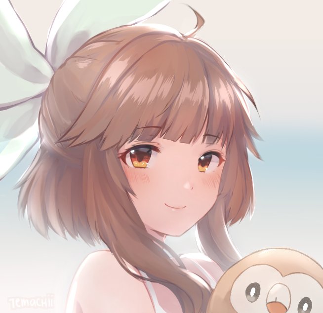 1girl bare_shoulders bow brown_eyes brown_hair closed_mouth commentary english_commentary gen_7_pokemon hair_bow looking_at_viewer pokemon pokemon_(creature) rowlet signature smile solo temachii white_bow