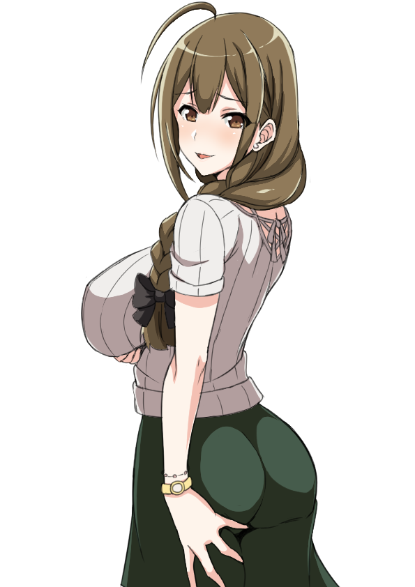 1girl ahoge ass black_bow blush bow braid braided_ponytail breasts brown_eyes brown_hair cowboy_shot from_side hair_bow hair_over_shoulder idolmaster idolmaster_shiny_colors kuwayama_chiyuki large_breasts long_braid looking_at_viewer looking_to_the_side parted_lips ribbed_shirt shirt single_braid smile solo tawashi1623 watch watch