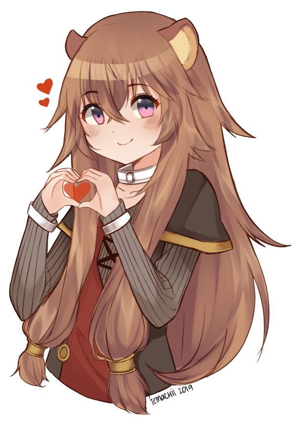 1girl animal_ears blush closed_mouth collar dated eyebrows_visible_through_hair hands_up heart heart_hands long_hair long_sleeves looking_at_viewer raccoon_ears raccoon_girl raphtalia sidelocks signature simple_background smile solo tate_no_yuusha_no_nariagari temachii violet_eyes white_background