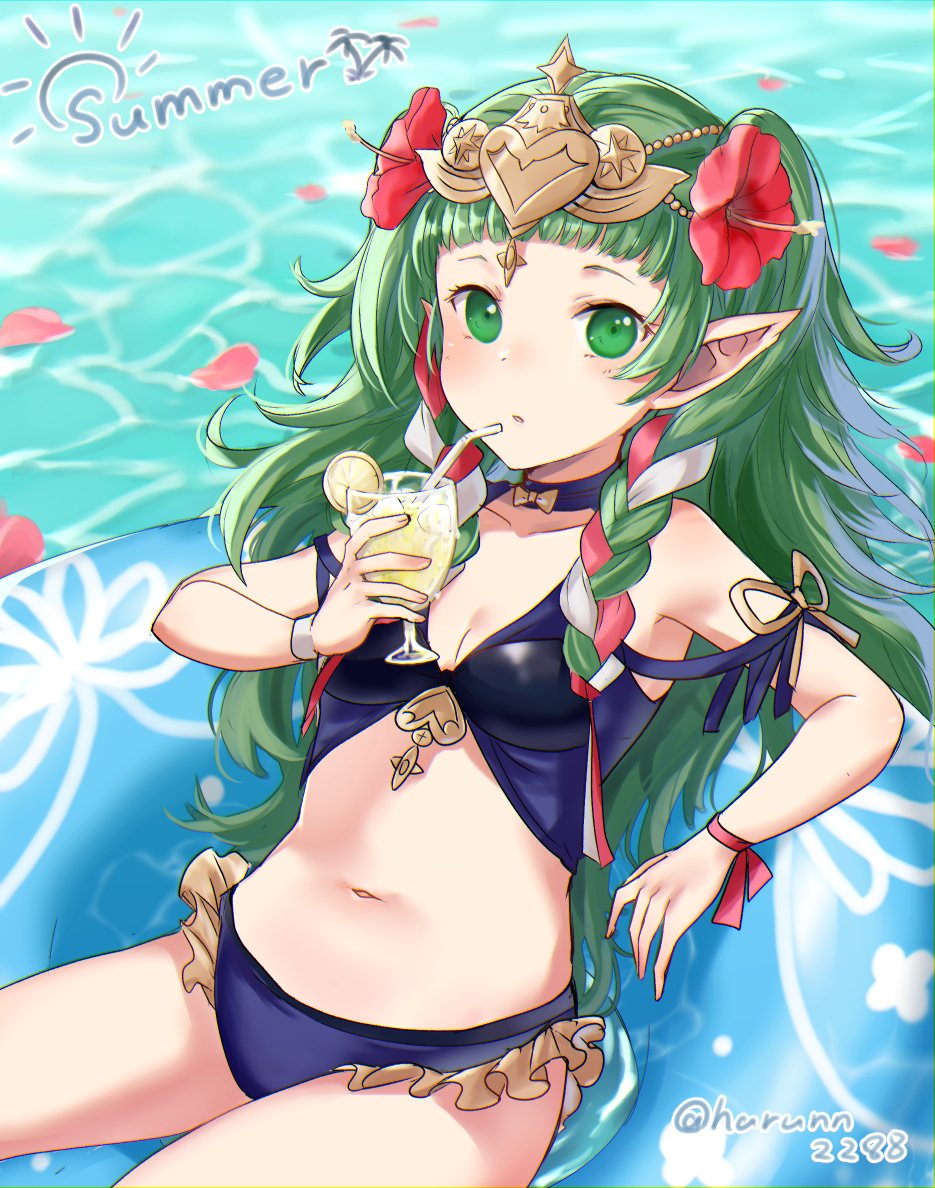 1girl adapted_costume braid cup drinking_straw fire_emblem fire_emblem:_three_houses flower glass green_eyes green_hair hair_flower hair_ornament haru_(nakajou-28) holding holding_cup innertube long_hair parted_lips pointy_ears ribbon_braid solo sothis_(fire_emblem) swimsuit twin_braids twitter_username water