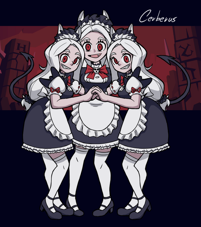 3girls alternate_costume animal_ears apron black_footwear breasts cerberus_(helltaker) character_name commentary demon_girl demon_tail dog_ears dress enmaided fang frilled_dress frills full_body grin headdress helltaker holding_hands long_hair looking_at_viewer maid maid_headdress mateus_upd medium_breasts multiple_girls open_mouth puffy_short_sleeves puffy_sleeves red_eyes red_ribbon ribbon ribbon-trimmed_sleeves ribbon_trim shoes short_sleeves skull smile solo tail teeth thigh-highs triplets waist_apron white_hair white_legwear zettai_ryouiki