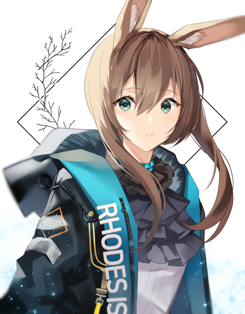 1girl amiya_(arknights) animal_ears arknights bangs black_jacket black_neckwear blue_eyes brown_hair commentary_request eyebrows_visible_through_hair green_eyes hair_between_eyes highres hood hood_down hooded_jacket jacket long_hair long_sleeves looking_at_viewer multicolored multicolored_clothes multicolored_jacket open_clothes open_jacket parted_lips rabbit_ears sidelocks solo sparkle upper_body white_background yuhi_(hssh_6) zipper