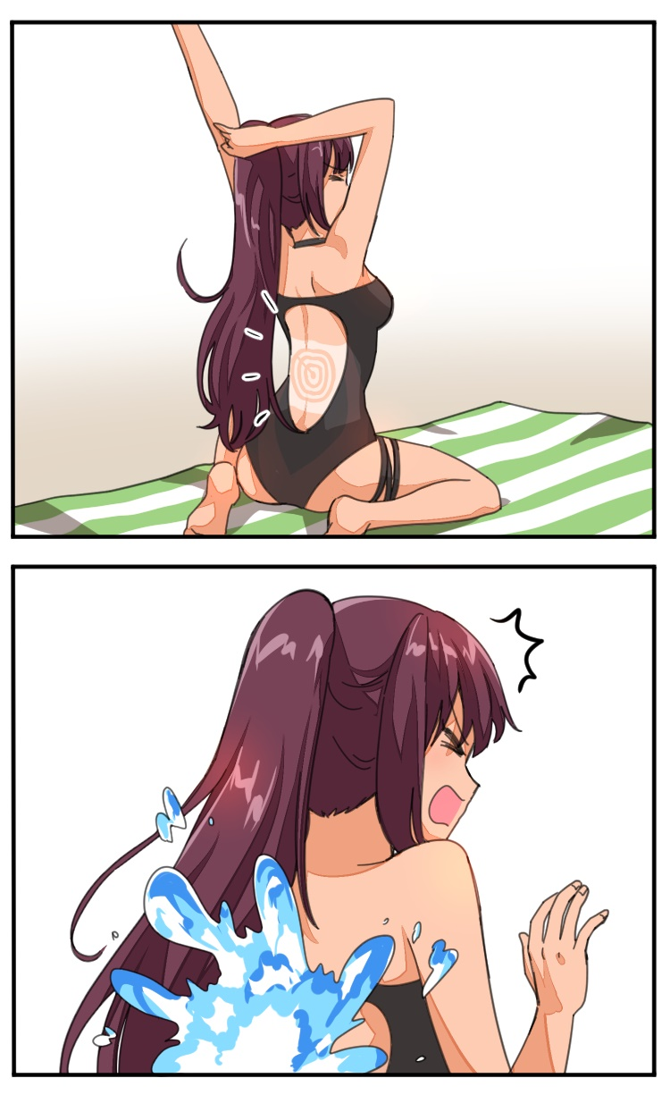 1girl bangs dulldull eyebrows_visible_through_hair girls_frontline hair_ribbon highres long_hair one-piece_swimsuit one_side_up purple_hair red_eyes ribbon swimsuit tan tanline towel very_long_hair wa2000_(girls_frontline) waking_up