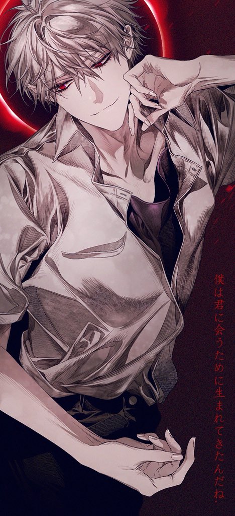 1boy bangs black_background black_pants black_shirt buttons closed_mouth collar collarbone collared_shirt enaa halo hand_on_own_cheek hand_up looking_to_the_side male_focus nagisa_kaworu neon_genesis_evangelion open_clothes open_shirt pants red_eyes shirt short_hair short_sleeves simple_background smile smirk solo white_hair white_shirt