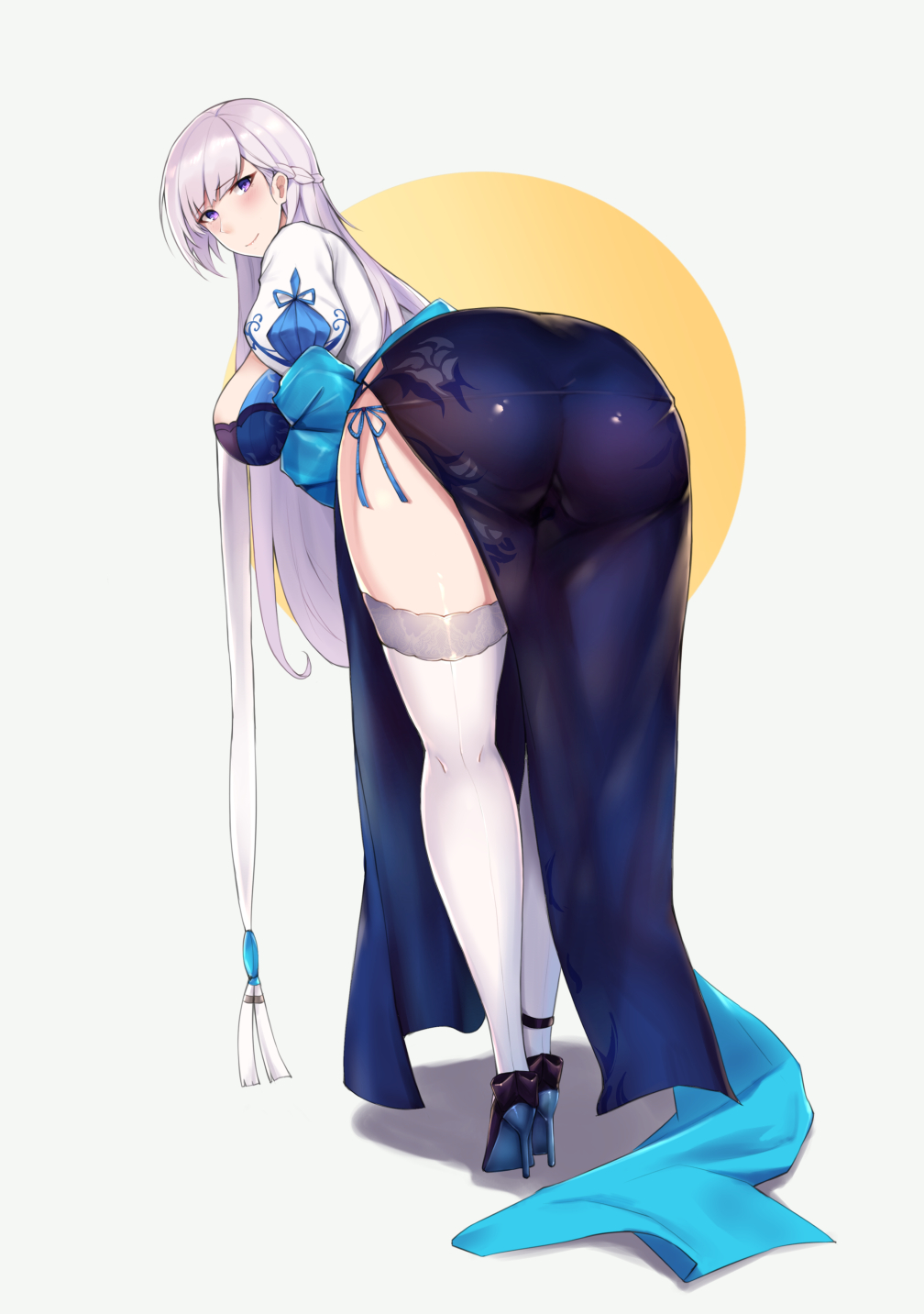 1girl ass azur_lane bangs belfast_(azur_lane) belfast_(iridescent_rose)_(azur_lane) blue_eyes braid breasts china_dress chinese_clothes curvy dress eyebrows_visible_through_hair french_braid from_behind grey_background high_heels highres large_breasts leaning_forward long_hair plump shadow silver_hair smile solo string thigh-highs thighs very_long_hair yinyu_(nico)