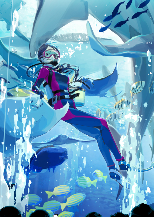 1girl aquarium audience bodysuit bubble commentary_request diving_mask diving_mask_on_eyes diving_regulator fish flippers gloves goggles manta_ray mask original scuba scuba_gear scuba_tank short_hair solo stingray swimsuit translation_request underwater water wetsuit whale