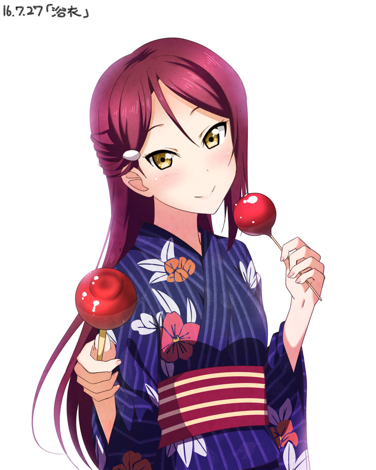 1girl bangs blue_kimono candy_apple closed_mouth dated floral_print food hair_between_eyes hair_ornament hairclip highres holding holding_food japanese_clothes kimono long_hair long_sleeves looking_at_viewer love_live! love_live!_sunshine!! obi print_kimono redhead sakurauchi_riko sash shiny shiny_hair simple_background smile solo standing striped vertical-striped_kimono vertical_stripes very_long_hair white_background yellow_eyes yu-ta yukata