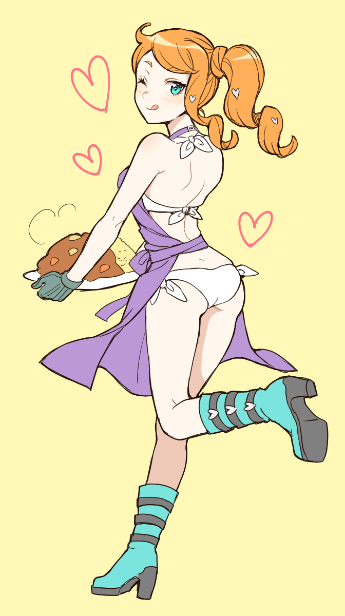 1girl ;q bikini blue_eyes blue_footwear boots curry curry_rice food gloves grey_gloves hair_ornament heart heart_hair_ornament highres holding holding_plate long_hair looking_at_viewer nokataro one_eye_closed orange_hair plate pokemon pokemon_(game) pokemon_swsh purple_apron rice shiny shiny_hair shoulder_blades side-tie_bikini side_ponytail simple_background solo sonia_(pokemon) standing standing_on_one_leg swimsuit tongue tongue_out white_bikini yellow_background