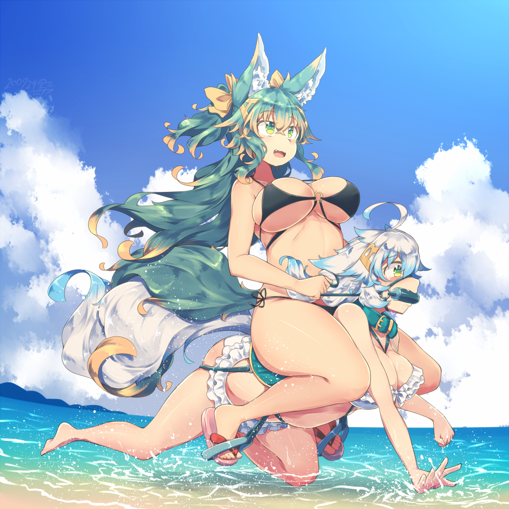 2girls ahoge all_fours animal_ear_fluff animal_ears bangs beach bit_gag breasts brown_hair collar crossed_bangs eyebrows_visible_through_hair gag green_eyes green_hair kuromiya kuromiya_raika large_breasts long_hair multicolored_hair multiple_girls open_mouth original pony_play reins riding shiromiya_asuka short_hair sitting sitting_on_person tail two-tone_hair white_hair