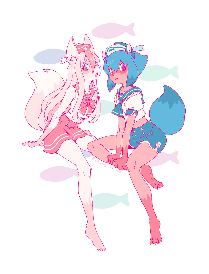 2girls :&lt; alternate_costume animal_ears artist_name bangs bare_shoulders barefoot blonde_hair blue_eyes blue_hair blue_headwear blue_sailor_collar blue_skirt bow bowtie brand_new_animal breasts closed_mouth collarbone crop_top english_commentary fish fox_ears fox_tail full_body furry hair_between_eyes hands_together hat hiwatashi_nazuna invisible_chair kagemori_michiru long_hair looking_to_the_side marine_day midriff miniskirt multicolored_hair multiple_girls open_mouth puffy_short_sleeves puffy_sleeves raccoon_ears red_headwear red_neckwear red_sailor_collar red_skirt sailor_collar sailor_hat shiny shiny_hair shirt short_hair short_sleeves signature simple_background sitting skirt sleeveless sleeveless_shirt small_breasts souno_kazuki star_(symbol) tail teeth twitter_username two-tone_hair white_background white_shirt