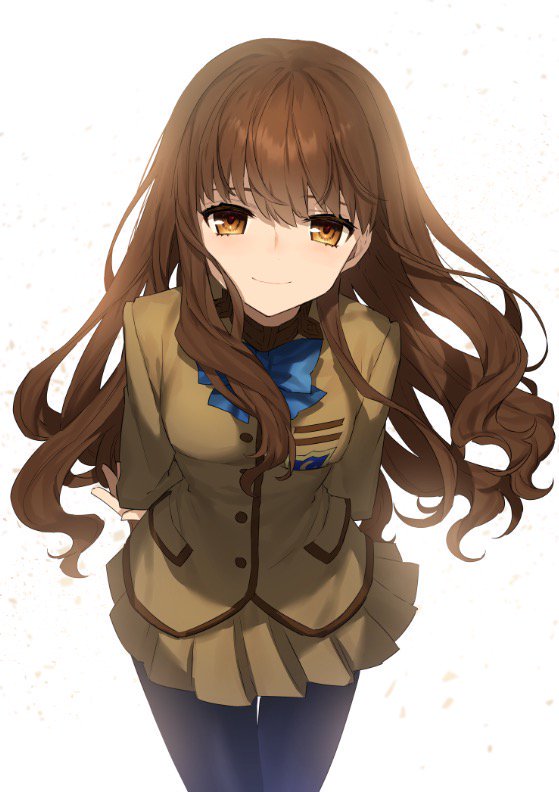 1girl arms_behind_back artist_request blue_bow bow breasts brown_eyes brown_hair brown_jacket brown_skirt buttons closed_mouth commentary_request fate/extra fate_(series) floating_hair hair_between_eyes jacket kishinami_hakuno_(female) long_hair looking_at_viewer miniskirt pantyhose school_uniform simple_background skirt smile solo tsukumihara_academy_uniform_(fate/extra) uniform white_background