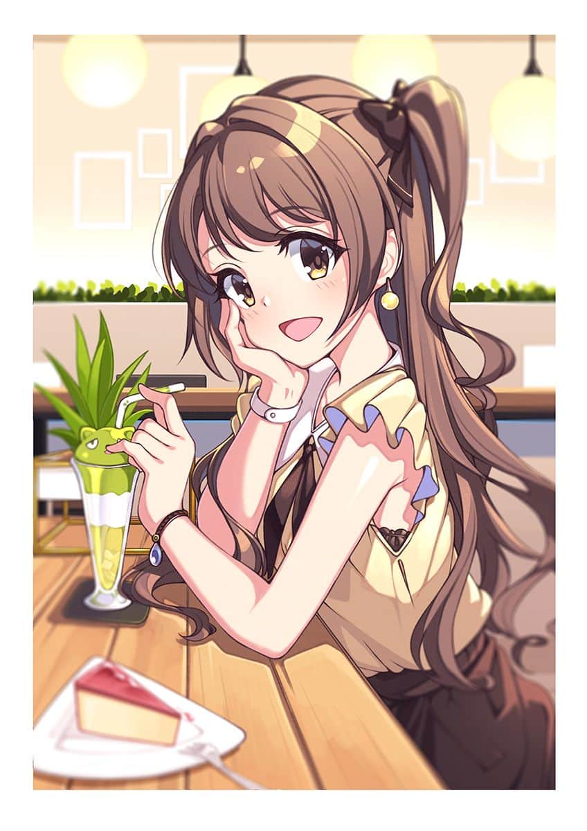 1girl blouse blurry blurry_foreground blush bow bracelet brown_dress brown_hair cafe cheesecake curly_hair depth_of_field dress drinking_straw ear earrings eskimofox facing_to_the_side food fork frilled_sleeves frills hair_bow hanging_light head_on_hand highres idolmaster idolmaster_cinderella_girls indoors jewelry long_hair looking_at_viewer open_mouth parfait plant shimamura_uzuki side_ponytail solo table watch watch yellow_blouse yellow_eyes