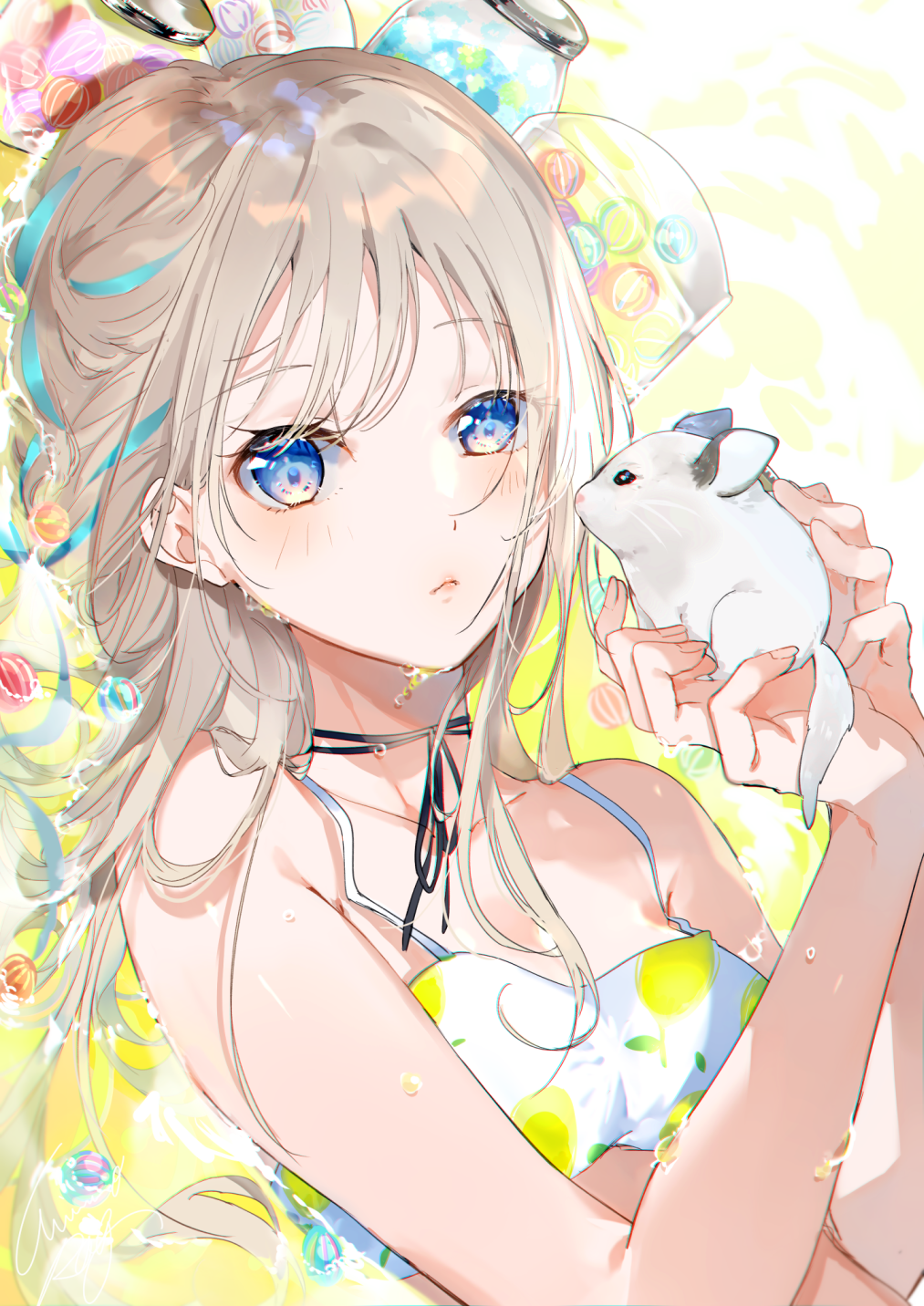 1girl animal bare_arms bare_shoulders blonde_hair blue_eyes blush candy chinchilla_(animal) choker closed_mouth collarbone expressionless food highres holding holding_animal jar lemon_print lips long_hair looking_at_viewer lying miwano_ragu on_back original partially_submerged shiny shiny_hair solo spaghetti_strap swimsuit upper_body wet