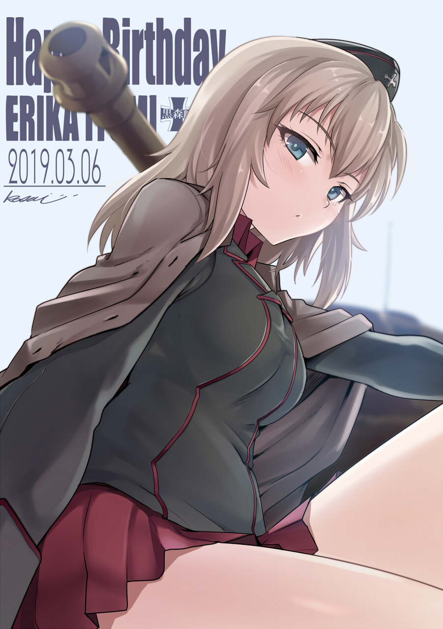 1girl artist_name bangs black_headwear black_jacket blue_eyes blurry blurry_background blurry_foreground brown_jacket character_name closed_mouth dated depth_of_field dress_shirt emblem english_text eyebrows_visible_through_hair from_side garrison_cap girls_und_panzer ground_vehicle half-closed_eyes happy_birthday hat highres insignia itsumi_erika jacket jacket_on_shoulders kasai_shin kuromorimine_(emblem) kuromorimine_military_uniform light_blush light_frown long_hair long_sleeves looking_at_viewer military military_hat military_uniform military_vehicle miniskirt motor_vehicle pleated_skirt red_shirt shirt signature silver_hair sitting skirt solo tank tiger_ii uniform