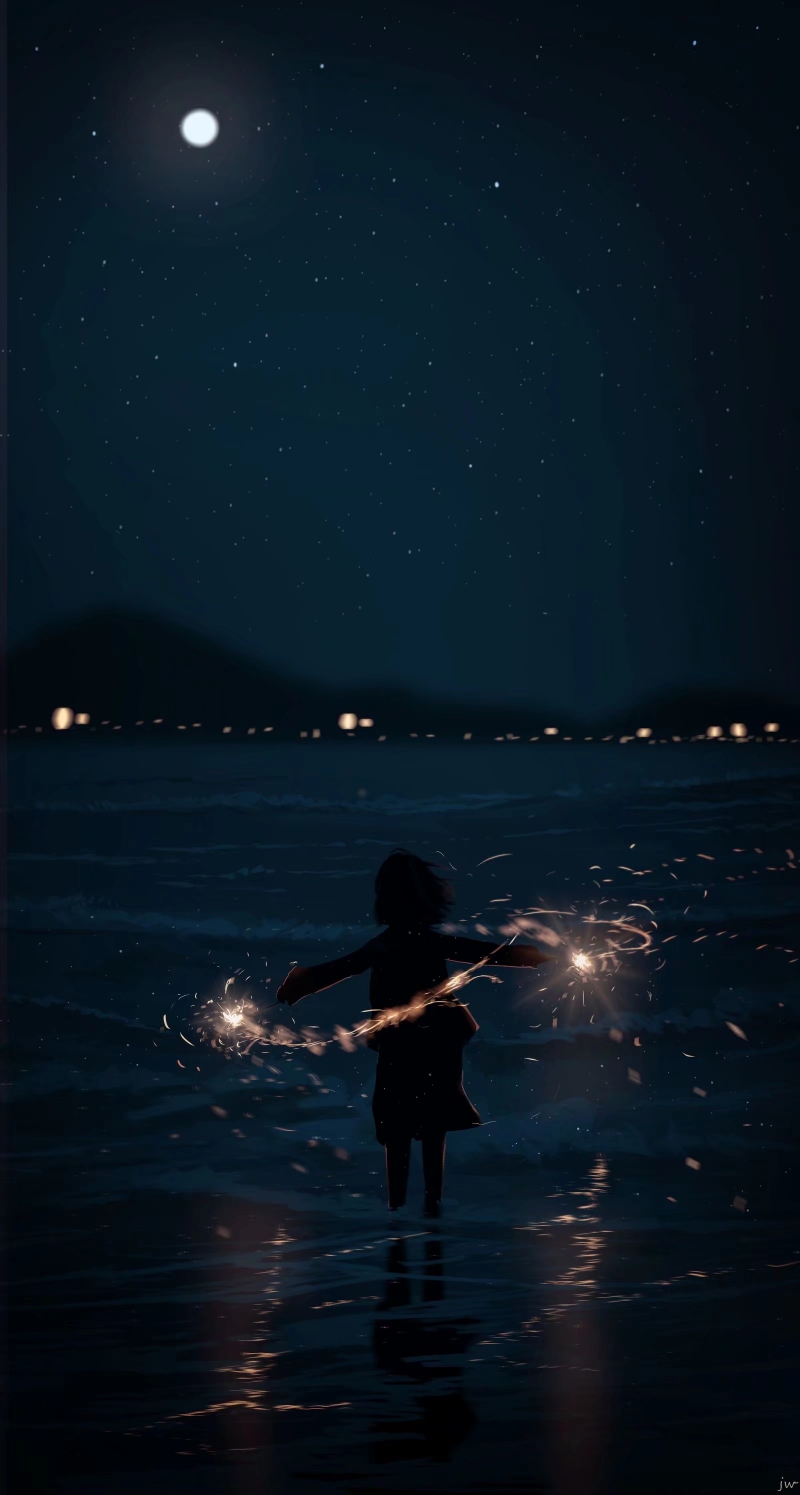 1girl blurry dark depth_of_field fireworks from_behind highres hill night night_sky original outdoors outstretched_arms scenery short_hair signature silhouette skirt sky skyrick9413 solo sparkler star_(sky) starry_sky wading water waves