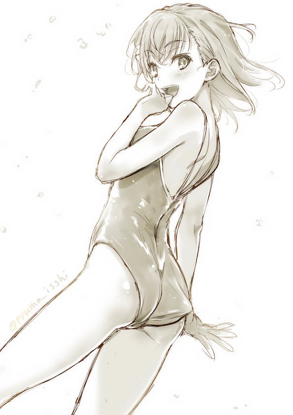 1girl :d adjusting_clothes adjusting_swimsuit bangs blush breasts eyebrows_visible_through_hair floating_hair from_below greyscale hair_between_eyes long_hair looking_at_viewer misaka_mikoto monochrome open_mouth puma_(hyuma1219) school_swimsuit shoulder_blades simple_background small_breasts smile solo standing swimsuit to_aru_majutsu_no_index twitter_username white_background