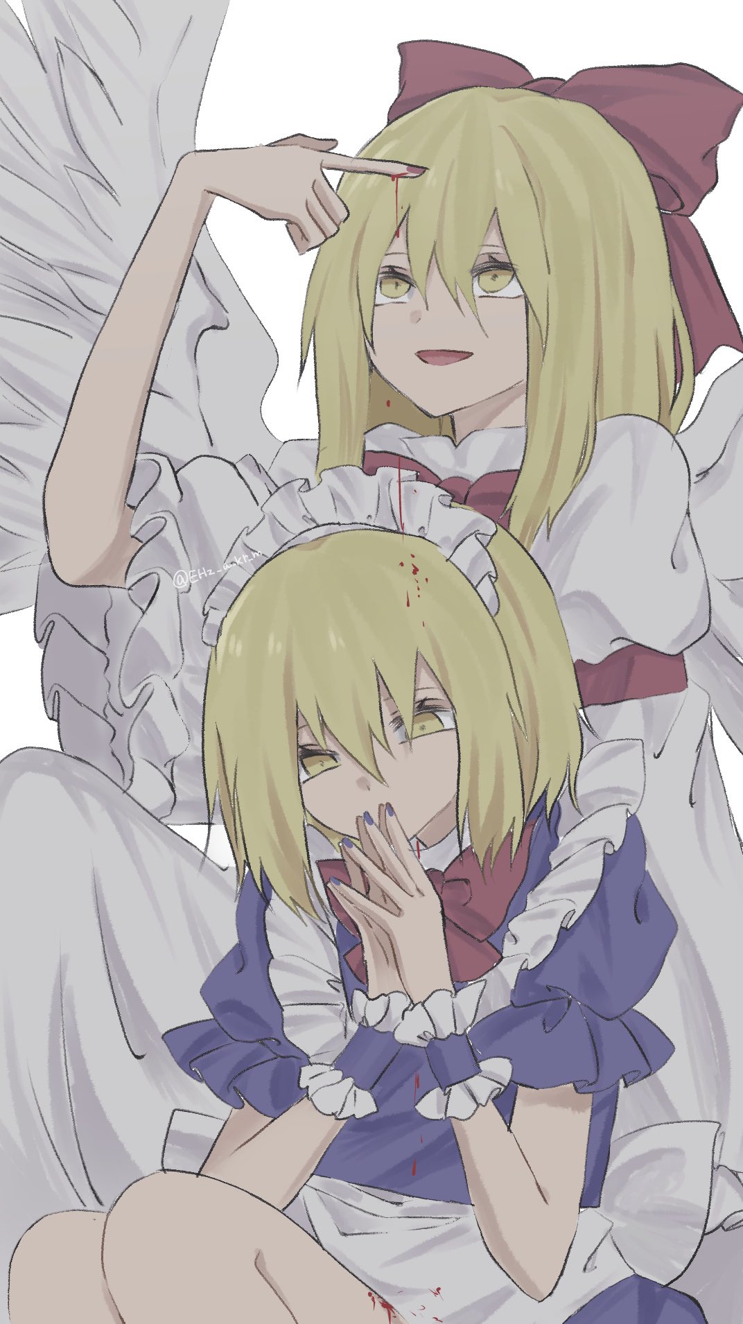 2girls bangs blonde_hair blood blue_dress bow commentary cowboy_shot dress feathered_wings fuwafurin gengetsu hair_between_eyes hair_bow highres index_finger_raised maid_headdress mugetsu multiple_girls open_mouth puffy_short_sleeves puffy_sleeves red_bow red_neckwear short_hair short_sleeves siblings simple_background sisters sitting smile touhou touhou_(pc-98) twitter_username white_background white_dress wings yellow_eyes