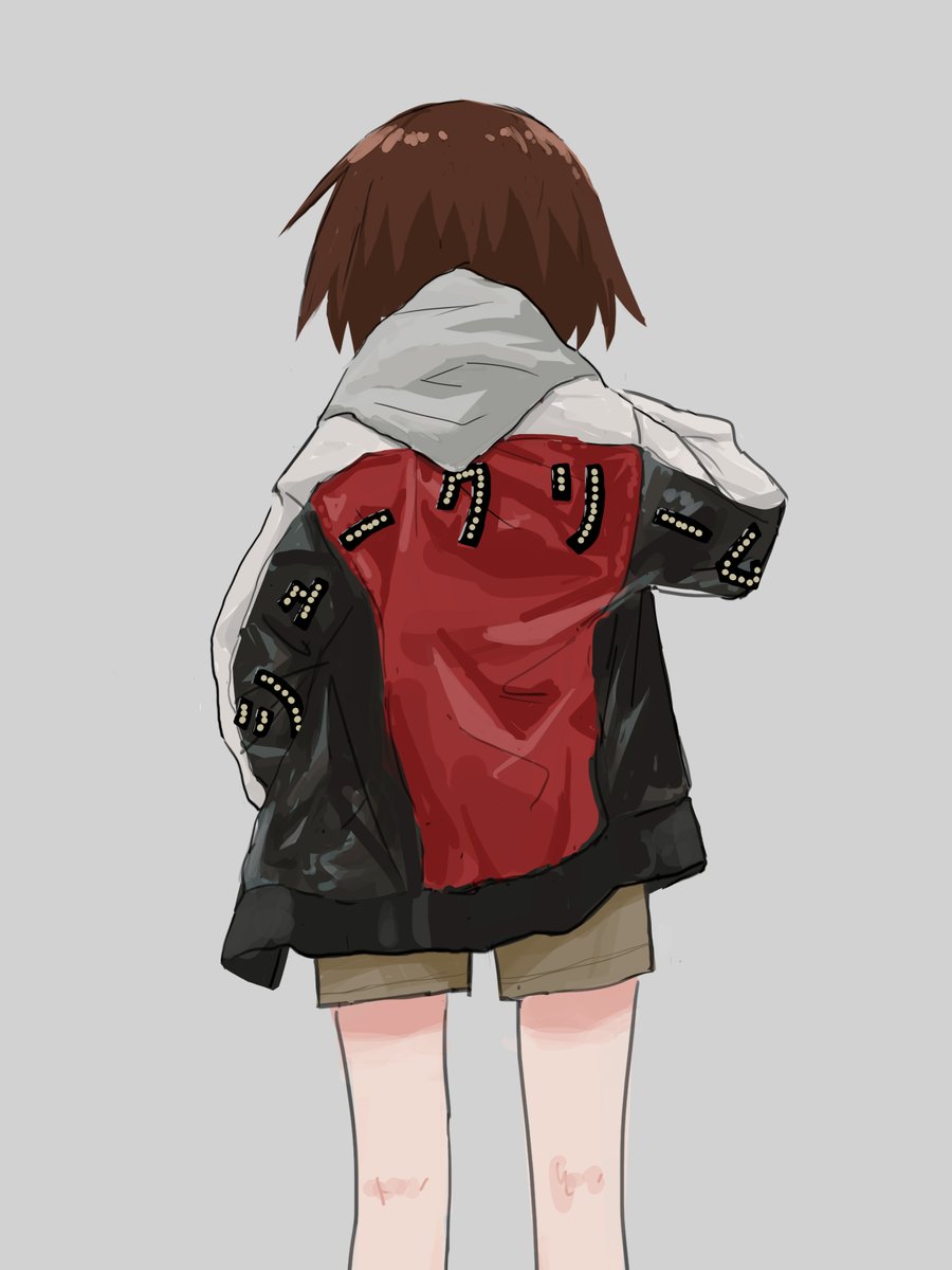 1girl bomber_jacket brown_hair brown_shorts commentary dated_commentary facing_away from_behind grey_background highres hood hood_down hoodie jacket kill_me_baby kneepits long_sleeves nadegata oribe_yasuna short_hair shorts simple_background solo standing