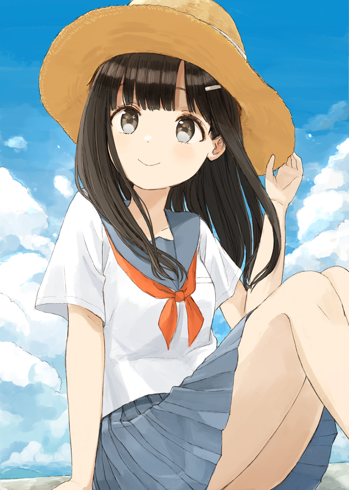 1girl arm_support black_hair blue_sailor_collar blue_skirt blue_sky blush brown_headwear closed_mouth clouds cloudy_sky commentary_request day feet_out_of_frame grey_hair hair_ornament hairclip hand_on_headwear hand_up hat knees_up long_hair nasuna neckerchief original outdoors pleated_skirt red_neckwear sailor_collar school_uniform serafuku shirt short_sleeves sitting skirt sky smile solo sun_hat white_shirt