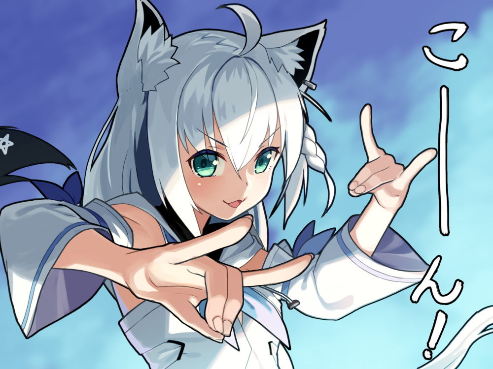 1girl ahoge animal_ear_fluff animal_ears blue_background blue_neckwear braid commentary_request detached_sleeves earrings eyebrows_visible_through_hair fox_ears fox_girl fox_shadow_puppet fox_tail green_eyes hair_between_eyes hololive jewelry long_hair looking_at_viewer neckerchief open_mouth shirakami_fubuki single_braid solo tail tokumaro upper_body virtual_youtuber white_hair white_hoodie