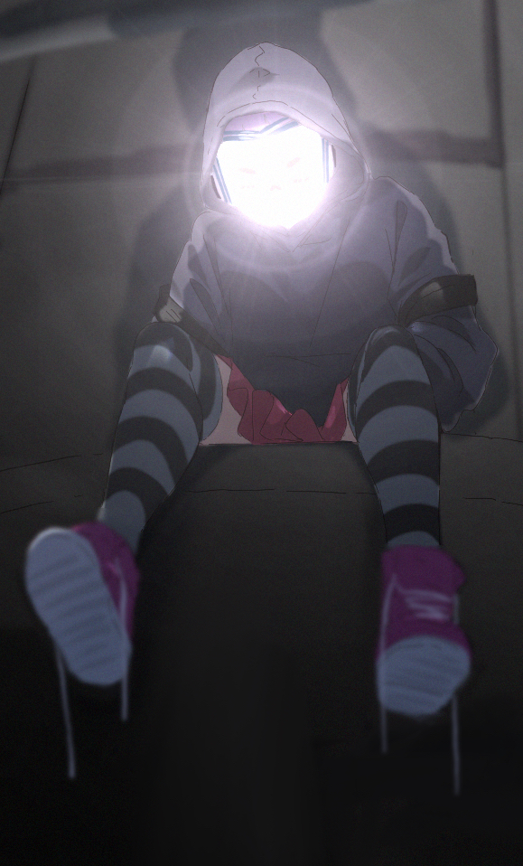 1girl black_hoodie blurry blurry_foreground boots depth_of_field emoticon full_body glowing hood hood_up hoodie icehotmilktea love_live! love_live!_school_idol_project pink_footwear pleated_skirt red_skirt shoe_soles sitting skirt solo striped striped_legwear tennouji_rina thigh-highs untied untied_boots