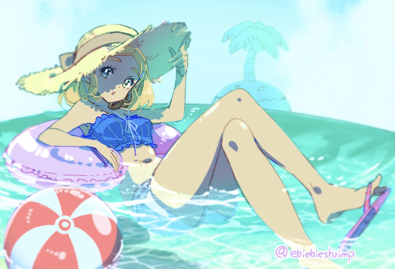 1girl adjusting_clothes adjusting_hat alternate_costume aqua_eyes ball bangs bare_legs barefoot beachball blonde_hair blue_sky blue_tubetop breasts clouds cloudy_sky commentary crossed_legs day full_body hat innertube island looking_at_viewer medium_breasts midriff navel ocean open_mouth outdoors parted_bangs partially_submerged pink_footwear princess_zelda sandals shade short_hair shuri_(84k) sky sleeveless solo strapless straw_hat sun_hat sunlight the_legend_of_zelda the_legend_of_zelda:_breath_of_the_wild the_legend_of_zelda:_breath_of_the_wild_2 thick_eyebrows thighs tubetop twitter_username