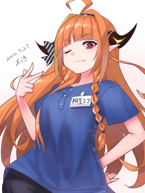 1girl ahoge alternate_costume araki_(qbthgry) bangs braid character_name dragon_girl dragon_horns fang fang_out hololive horns kiryuu_coco long_hair looking_down orange_eyes red_eyes solo v virtual_youtuber