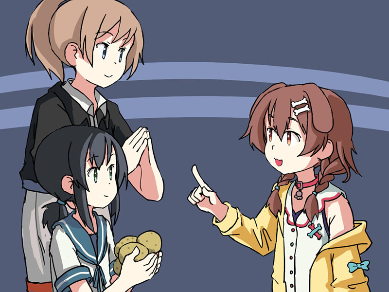 3girls adrian_ferrer animal_ears black_eyes black_hair black_shirt blue_eyes blue_sailor_collar braid brown_eyes brown_hair character_request crossover dog_ears dog_tail english_commentary fubuki_(kantai_collection) grey_background hair_over_shoulder hololive hood hooded_jacket hoodie index_finger_raised intrepid_(kantai_collection) inugami_korone jacket kantai_collection long_hair low_ponytail low_twintails multicolored_neckwear multiple_girls off_shoulder pointing ponytail potato sailor_collar school_uniform serafuku shirt short_hair short_ponytail sidelocks tail twin_braids twintails two-tone_background upper_body vest white_vest yellow_jacket