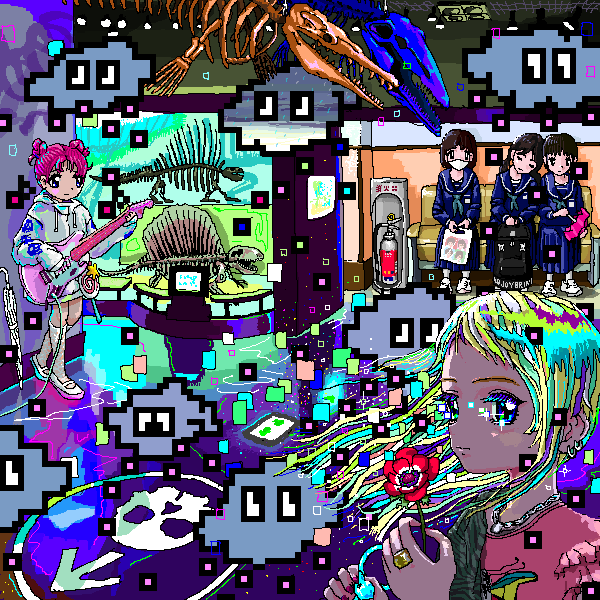 5girls ace_akira animal_print arrow_(symbol) bag bandages black_bag black_eyes black_hair blue_eyes blue_serafuku blue_shirt blue_skirt butterfly_print closed_mouth coach commentary_request couch dinosaur dinosaur_request double_bun drawstring electric_guitar eyelashes fire_extinguisher flower frilled_sleeves frills green_hair green_neckwear grey_legwear guitar head_on_another's_shoulder holding holding_bag holding_flower holding_instrument hood hood_down indoors instrument jewelry kneehighs leaning_on_person long_skirt long_sleeves looking_at_viewer mary_janes mask mouth_mask multicolored_hair multiple_girls museum necklace on_couch original pink_hair pink_shirt pleated_skirt print_shirt red_flower revision ring sailor_collar shiny shiny_hair shirt shoes short_hair short_sleeves side-by-side sitting skeleton skirt sleeping sleeping_on_person sleeping_upright sparkle standing tears white_footwear white_hoodie white_mask