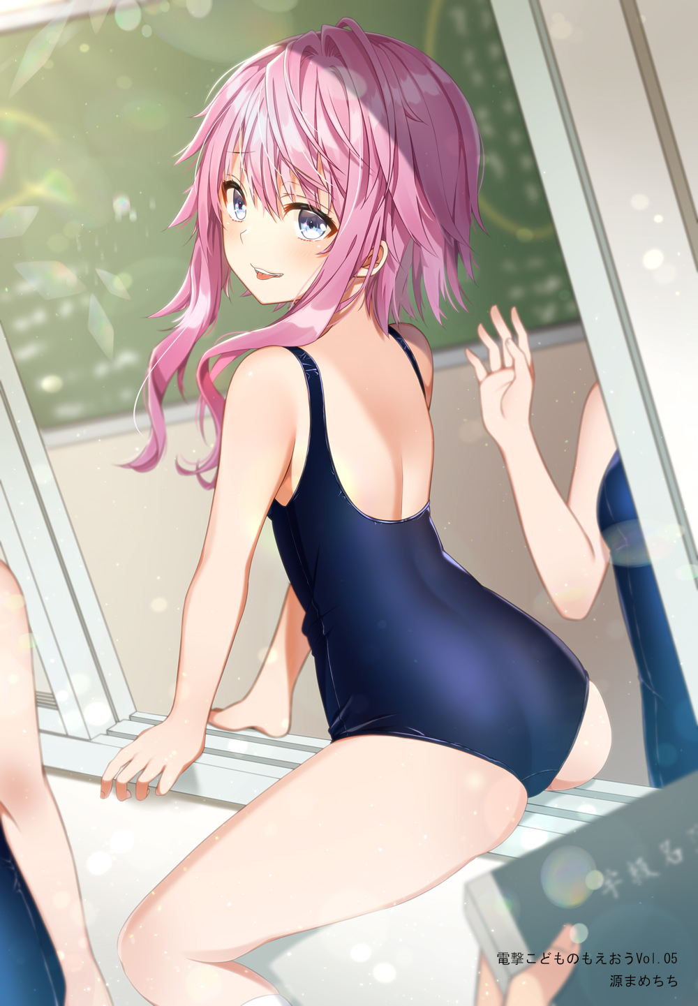 1other 3girls arm_up ass blue_eyes book chalkboard classroom from_behind highres indoors legs looking_at_viewer looking_back minamoto_mamechichi multiple_girls naughty_face one-piece_swimsuit open_mouth original photoshop_(medium) pink_hair pov school_swimsuit short_hair sitting smile straddling swimsuit thighs tongue tongue_out waving window