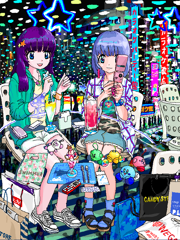 2girls :3 ace_akira animal_print bag bangs blue_eyes blue_hair blue_legwear blue_shorts blush cat_print cellphone chair city closed_mouth commentary_request cutoffs drinking_straw flip_phone food fork full_body furby glass green_jacket grin hair_ornament hands_up high_heels hood hooded_jacket ice_cream jacket kirby kirby_(series) long_hair looking_at_viewer multiple_girls open_mouth original phone pink_phone print_bag purple_hair revision shiny shiny_hair shirt shoes shopping_bag short_hair shorts sitting smile sneakers spoon star_(symbol) star_hair_ornament star_print striped sundae translation_request watch watch white_footwear white_shorts yellow_shirt