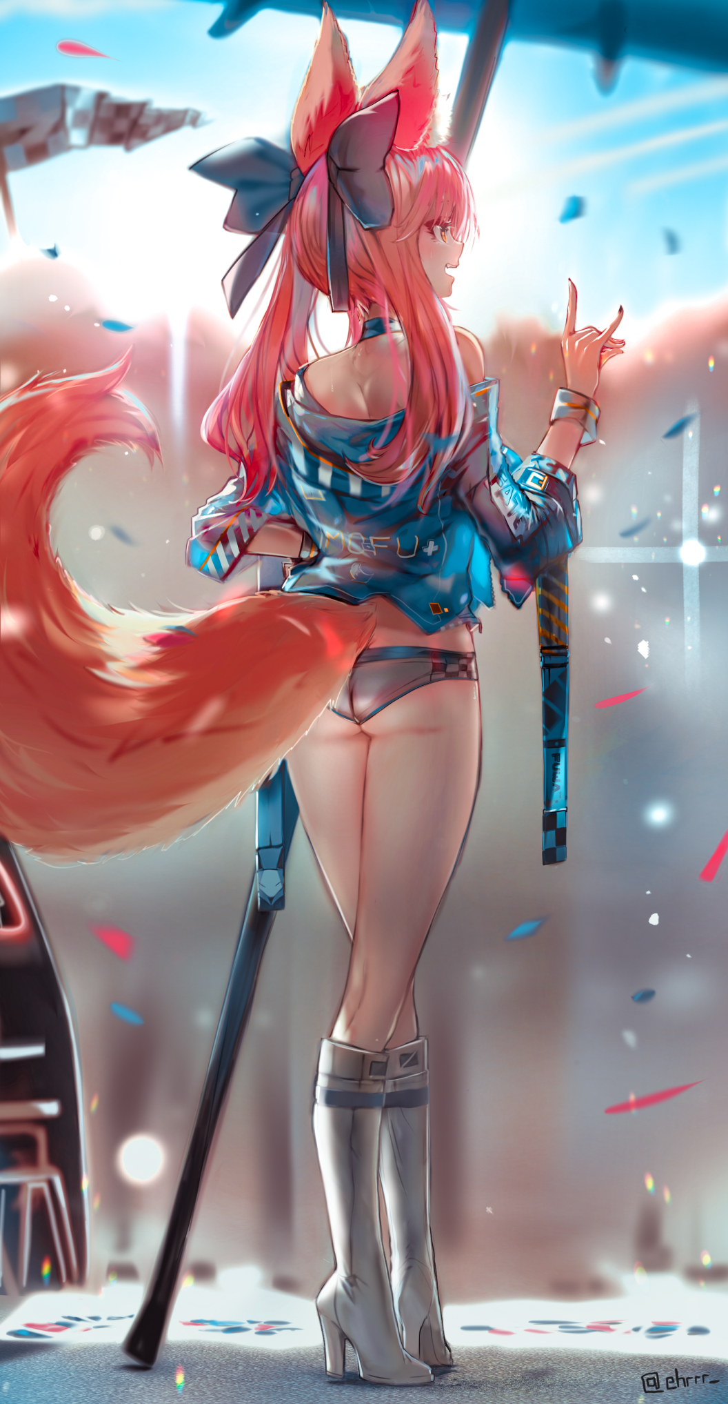 1girl :d animal_ear_fluff animal_ears ass black_ribbon blue_jacket blurry blurry_background blush boots bow clothes_writing commentary confetti day depth_of_field ehrrr english_commentary fate/extra fate_(series) flag fox_ears fox_girl fox_shadow_puppet fox_tail from_behind full_body hair_ribbon high_heel_boots high_heels highres jacket knee_boots long_hair long_sleeves looking_away micro_shorts off_shoulder open_mouth orange_eyes outdoors pink_hair racequeen ribbon shorts smile solo standing tail tamamo_(fate)_(all) tamamo_no_mae_(fate) twintails twitter_username white_footwear wristband