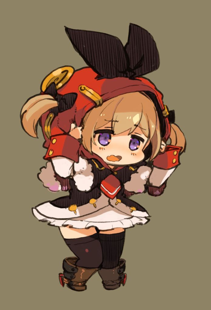1girl azur_lane black_bow black_footwear black_legwear boots bow brown_hair chibi commentary_request full_body grey_background hair_bow hands_up long_sleeves mota norfolk_(azur_lane) open_mouth red_hood red_neckwear shirt simple_background skirt solo thigh-highs twintails violet_eyes wavy_mouth white_shirt white_skirt