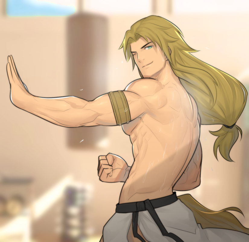 1boy abs bangs bara blonde_hair brown_hair chest chiron_(fate) fate/apocrypha fate_(series) hunterkay long_hair male_focus muscle parted_bangs pectorals shirtless smile solo sweat tied_hair training