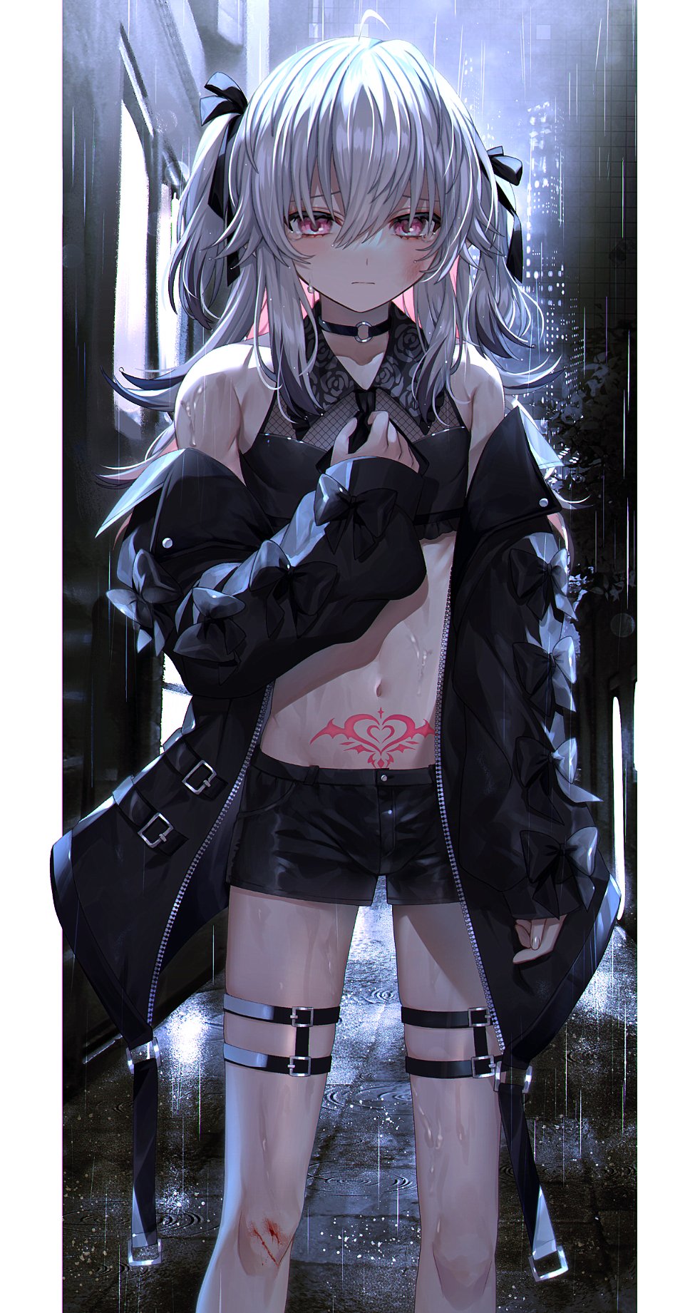 1boy abandon_ranka ahoge bangs bare_shoulders black_bow black_choker black_jacket black_ribbon black_shorts bow bulge choker collarbone commentary crop_top feet_out_of_frame fishnet_top hair_ribbon hand_up highres injury jacket long_hair long_sleeves looking_at_viewer navel night o-ring o-ring_choker off-shoulder_jacket original otoko_no_ko outdoors pink_eyes rain ribbon sad shorts sleeves_past_wrists solo standing stomach_tattoo tattoo thigh_strap two_side_up white_hair