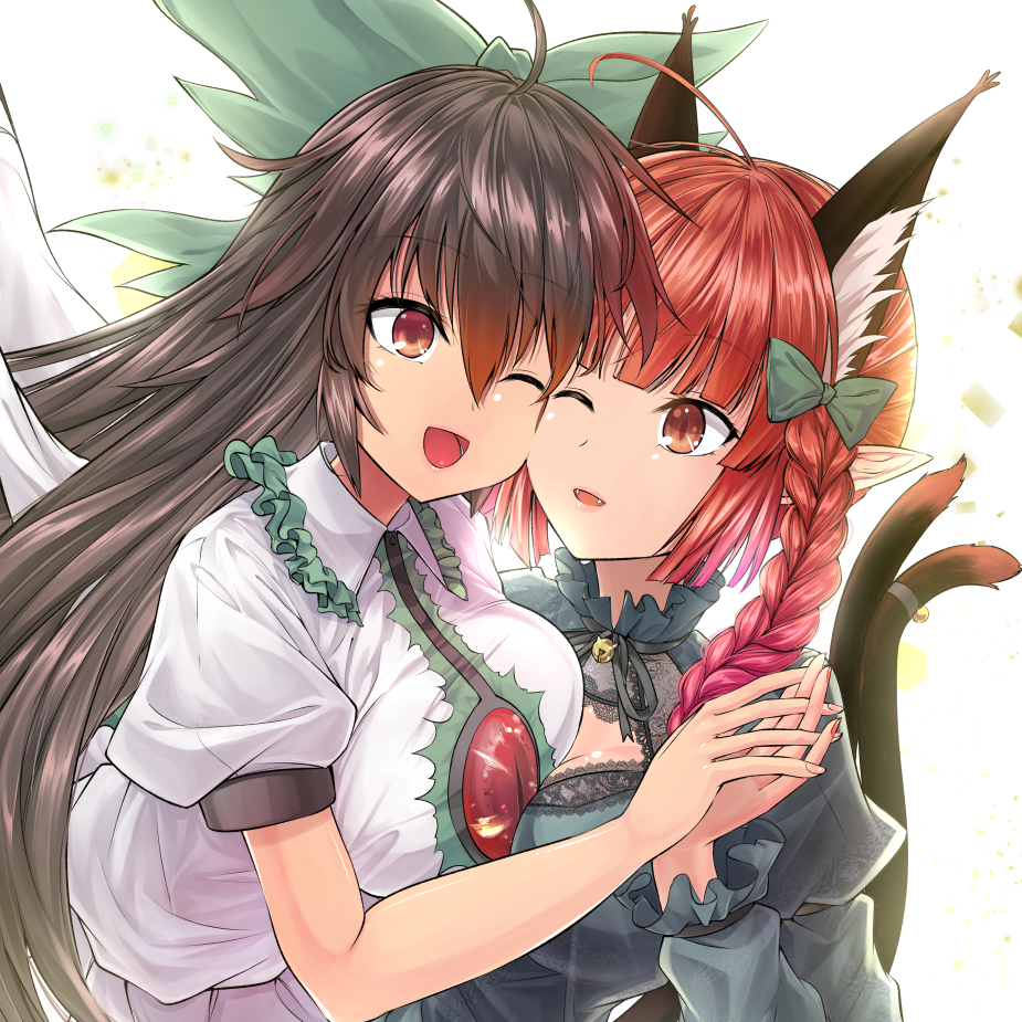 2girls ;d ahoge animal_ear_fluff animal_ears asymmetrical_docking backlighting bangs black_hair blunt_bangs braid breast_press breasts brown_eyes cat_ears cat_girl cat_tail cheek-to-cheek commentary_request extra_ears eyebrows_visible_through_hair fangs frilled_shirt_collar frills green_ribbon hair_between_eyes hair_ribbon heads_together holding_hands interlocked_fingers juliet_sleeves kaenbyou_rin large_breasts long_hair long_sleeves multiple_girls multiple_tails one_eye_closed pointy_ears puffy_short_sleeves puffy_sleeves red_eyes redhead reiuji_utsuho ribbon short_sleeves smile tail tail_ornament tail_ring touhou two_tails y2