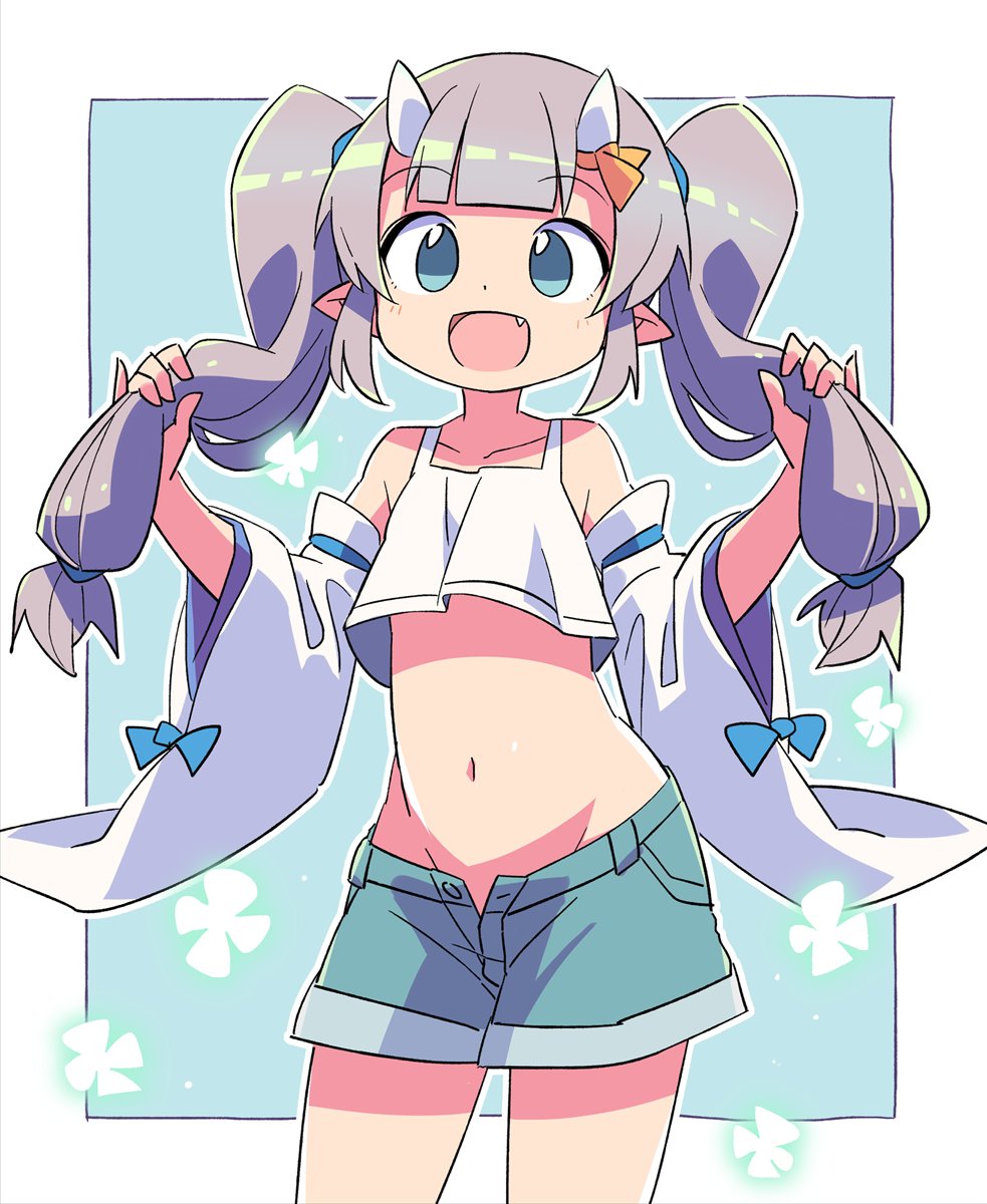 1girl bangs blue_eyes blunt_bangs cowboy_shot crop_top denim denim_shorts detached_sleeves fang highres holding holding_hair horn_ornament horn_ribbon horns midriff open_clothes open_shorts original pointy_ears ribbon roku_no_hito shorts solo tank_top twintails wide_sleeves