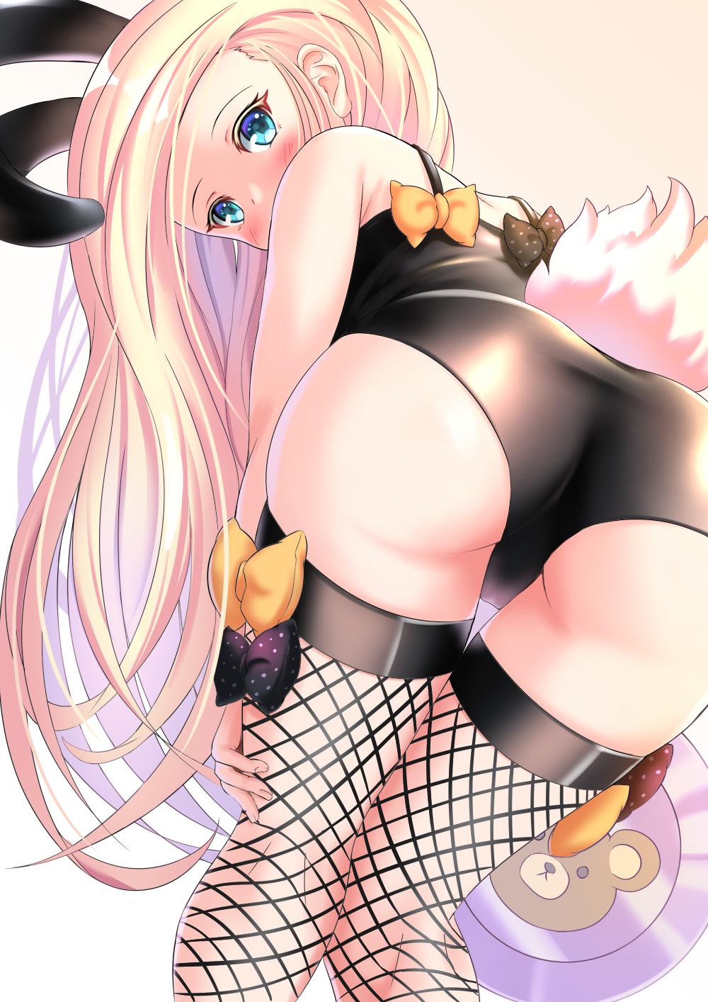1girl abigail_williams_(fate/grand_order) animal_ears ass back bangs bare_shoulders bent_over black_bow black_leotard blonde_hair blue_eyes bow breasts bunny_tail fate/grand_order fate_(series) fishnet_legwear fishnets forehead highres koji45hiro leotard long_hair looking_at_viewer looking_back multiple_bows orange_bow parted_bangs polka_dot polka_dot_bow rabbit_ears tail thighs tray