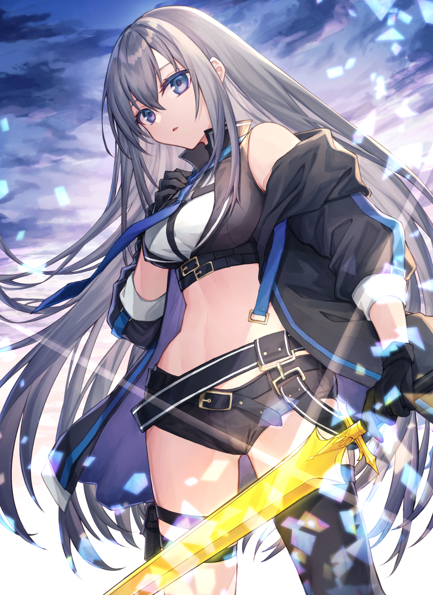 1girl bare_shoulders belt belt_pouch black_gloves black_jacket black_legwear black_shorts blue_eyes blue_neckwear breasts check_copyright copyright_request cowboy_shot crop_top gloves grey_hair hand_on_own_chest high_collar highres holding jacket koyukomu long_hair looking_at_viewer medium_breasts micro_shorts midriff multiple_belts necktie off_shoulder open_clothes open_jacket original parted_lips pouch shirt shorts sidelocks single_thighhigh sleeveless sleeveless_shirt solo stomach sword thigh-highs thigh_strap thighs very_long_hair weapon